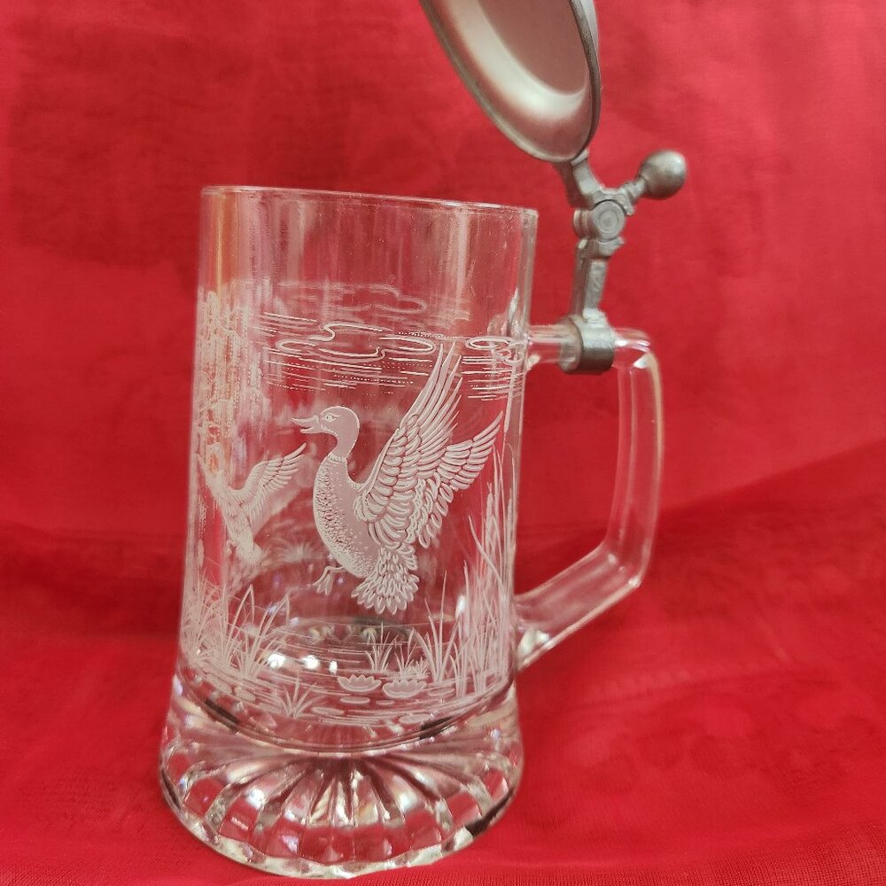 Fi. Ve. ITALY Beer Glass Mug Stein w/Pewter Lid Etched Landscape w/Ducks Vintage